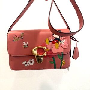 Coach Coral Leather Shoulder Bag with Floral & Character Print
